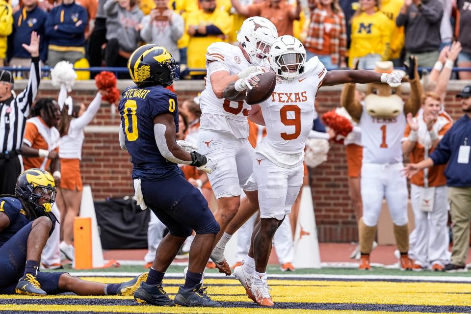 Texas running back Jerrick Gibson celebrates a touchdown against Michigan on Sept. 7. Gibson is the Longhorns' leading rusher with 33 carries for 178 yards.