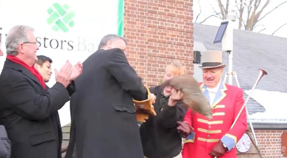 Bill de Blasio drops the groundhog during 2014 ceremony (Staten Island Advance)