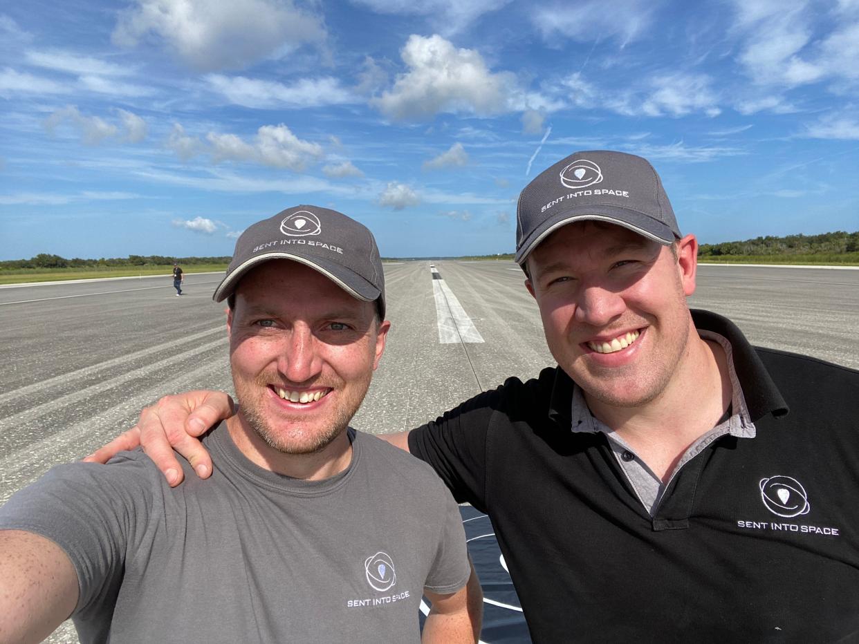 Alex Baker, left and Chris Rose pose for a selfie in October 2020 during a launch at the Kennedy Space Center in Florida on behalf of Space Florida, the state's aerospace economic development agency. The UK duo are the founder of Sent Into Space, the company they started in 2011 to send pretty much anything but humans into orbit.
