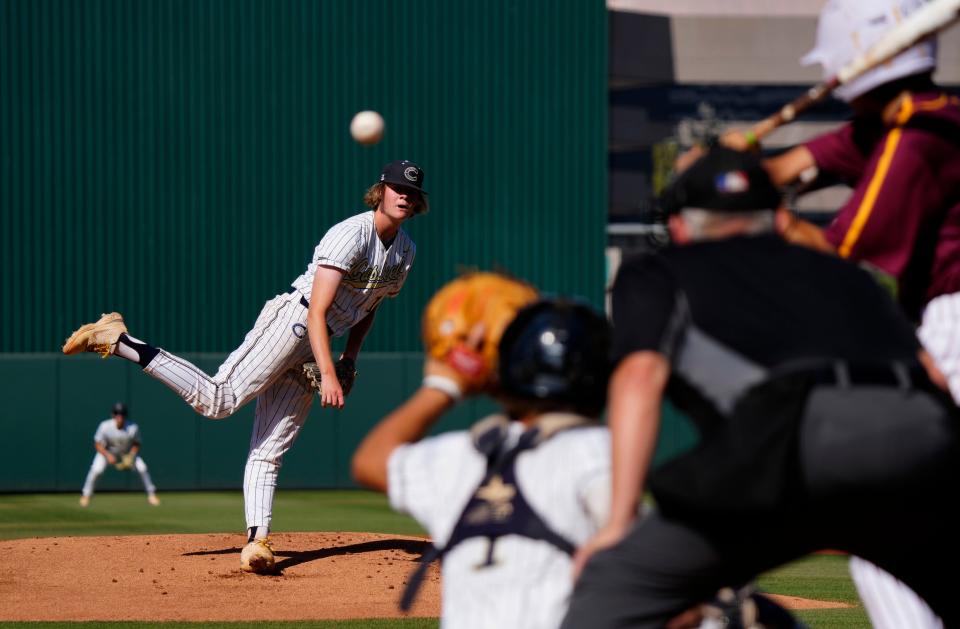 Casteel pitcher Nick Dale (11) pitches to Nogales during a state playoff game at Tempe Diablo Stadium in Phoenix on May 4, 2023.