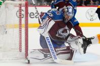 Colorado Avalanche goaltender Darcy Kuemper makes a save against the St. Louis Blues during the second period in Game 1 of an NHL hockey Stanley Cup second-round playoff series Tuesday, May 17, 2022, in Denver. (AP Photo/Jack Dempsey)