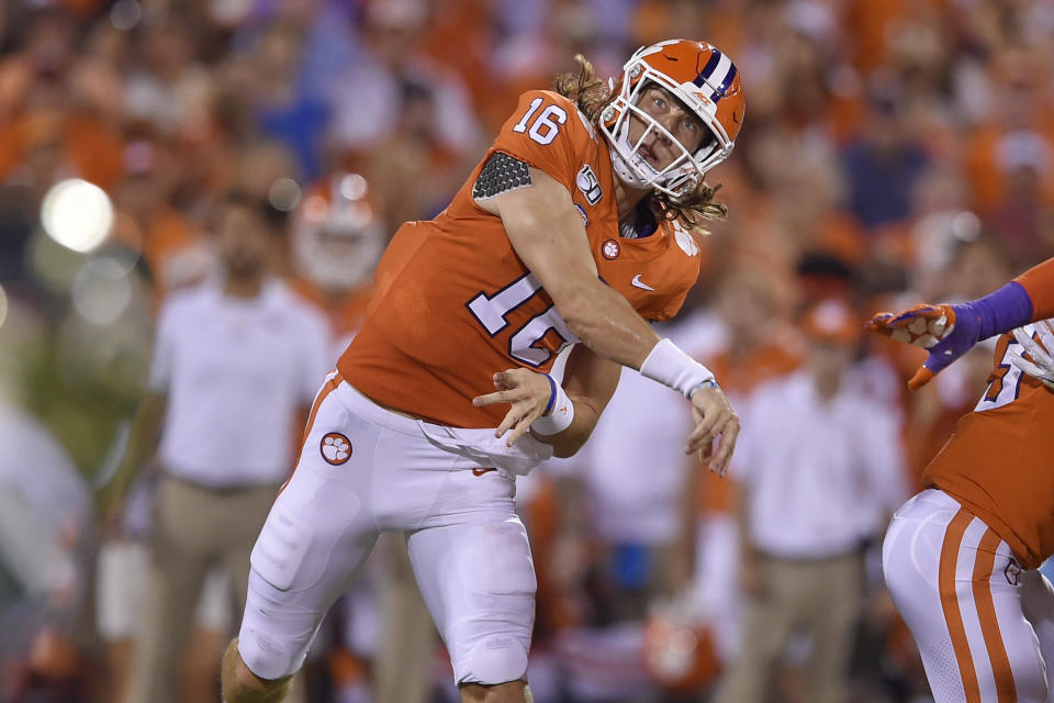 Clemson quarterback Trevor Lawrence throws a pass during the first half of an NCAA college football game against Charlotte Saturday, Sept. 21, 2019, in Clemson, S.C. (AP Photo/Richard Shiro)
