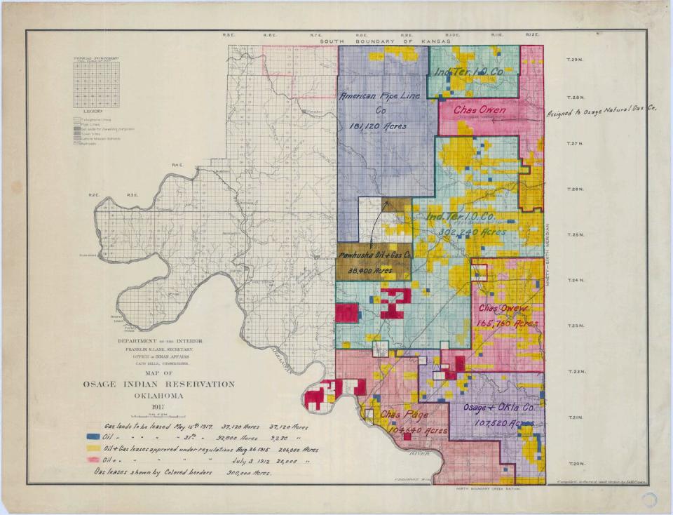 Mapa de 1917 de los arrendamientos petrolíferos en la Reserva Osage. <a href="https://www.gettyimages.com/detail/news-photo/map-of-osage-indian-reservation-gas-and-oil-leases-1917-news-photo/1371414745" rel="nofollow noopener" target="_blank" data-ylk="slk:HUM Images / Universal Images Group via Getty Images;elm:context_link;itc:0;sec:content-canvas" class="link ">HUM Images / Universal Images Group via Getty Images</a>