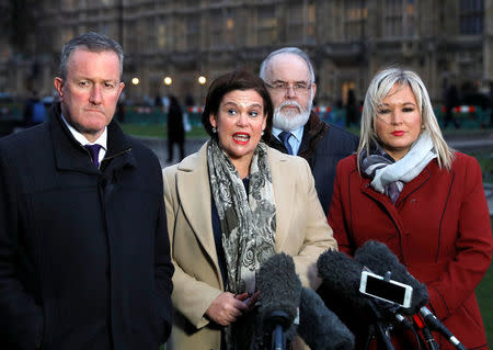 Mary Lou McDonald, Michelle O'Neill, Francie Molloy and Conor Murphy of Sinn Fein talk to the press outside the Palace of Westminster in London, Britain, February 21, 2018. REUTERS/Peter Nicholls