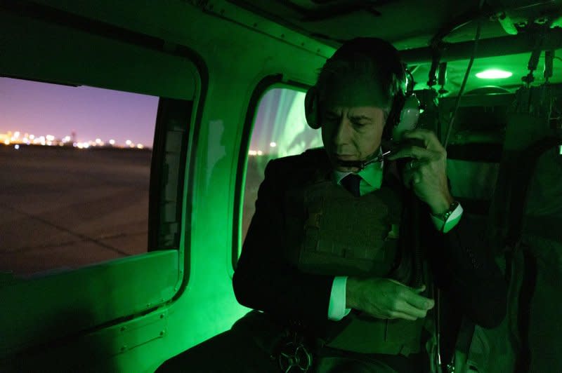 Secretary of State Antony Blinken departs the International Zone via helicopter after meeting Iraqi Prime Minister Mohammed Shia al-Sudani in Baghdad, Iraq, on Sunday. Photo by Chuck Kennedy/U.S. Department of State