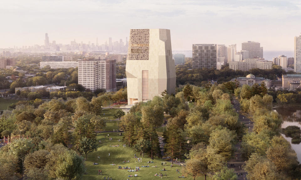 A digital rendering shows a north-facing view of the Obama Presidential Center campus in Jackson Park in Chicago. (The Obama Foundation)