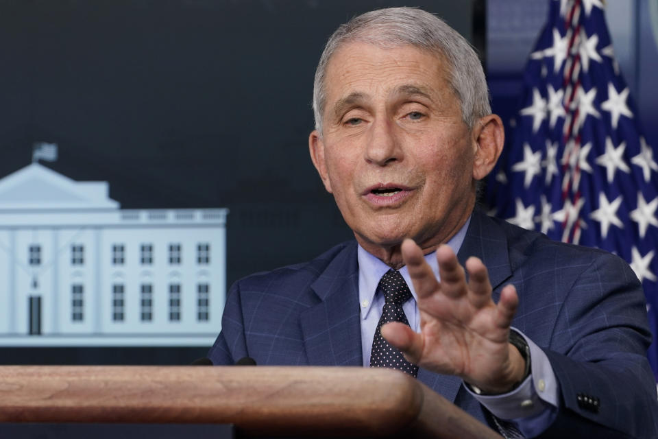 Dr. Anthony Fauci, director of the National Institute for Allergy and Infectious Diseases, speaks during a news conference with the coronavirus task force at the White House in Washington, Thursday, Nov. 19, 2020. (AP Photo/Susan Walsh)