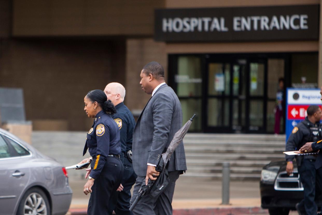 Memphis Police Department Chief Cerelyn "C.J." Davis walks back into Regional One after speaking to the media to state that a suspect had been arrested after a Memphis Police Department officer was shot four times Friday morning during a traffic stop in Memphis, Tenn., on Friday, March 8, 2024.