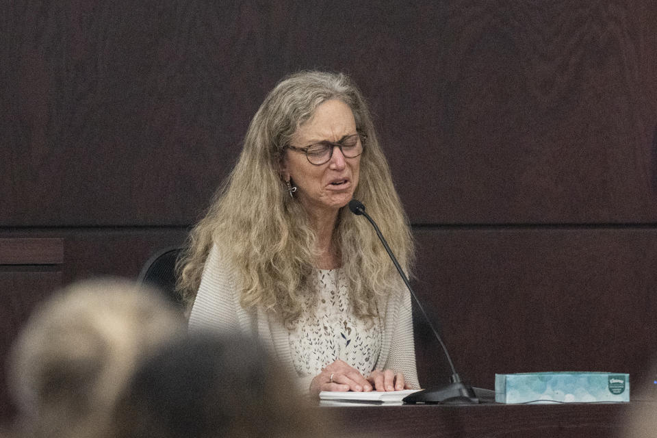 Karen Wilson, mother of Anna Moriah Wilson, speaks about her daughter to Kaitlin Armstrong after Armstrong was sentenced to 90 years in prison for Wilson's murder at the Blackwell-Thurman Criminal Justice Center on Friday, Nov. 17, 2023, in Austin, Texas. Armstrong was found guilty of killing Anna Moriah Wilson in May 2022. (Mikala Compton/Austin American-Statesman via AP, Pool)