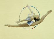 LONDON, ENGLAND - JANUARY 16: Varvara Filiou of Greece in action in the Individual All-Around during the FIG Rhythmic Gymnastics Olympic Qualification round at North Greenwich Arena on January 16, 2012 in London, England. (Photo by Ian Walton/Getty Images)