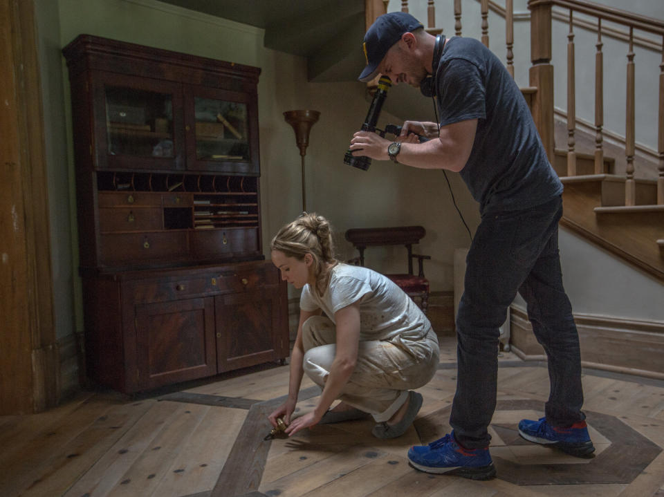 Jennifer Lawrence and Darren Aronofsky film a scene from "mother!" (Photo: Paramount Pictures)