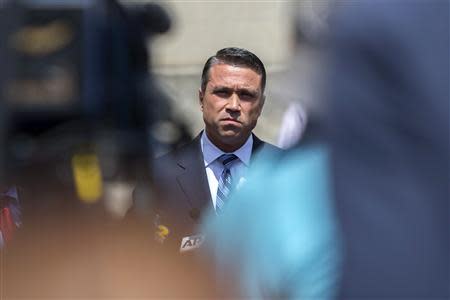 U.S. Representative Michael Grimm (R-NY) speaks at a press conference after exiting the Brooklyn Federal Courthouse in the Brooklyn Borough of New York April 28, 2014. REUTERS/Andrew Kelly