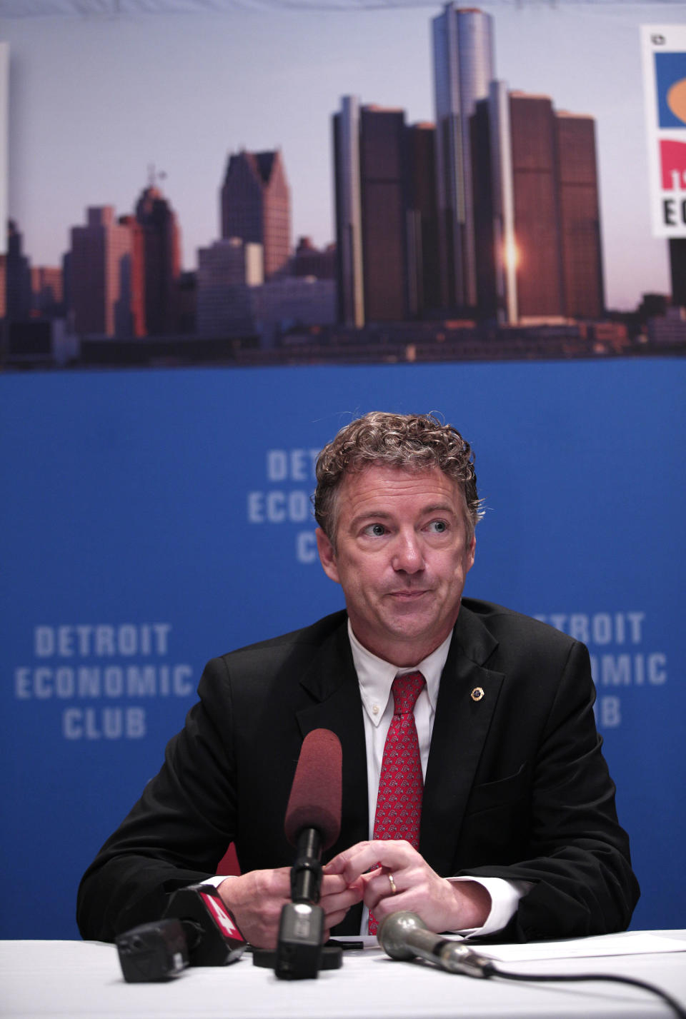 DETROIT, MI - DECEMBER 6: U.S. Sen. Rand Paul (R-KY) speaks with the news media after delivering a speech titled, 'Renewing the Opportunity for Prosperity: Economic Freedom Zones' at the Detroit Economic Club December 6, 2013 in Detroit, Michigan. As part of his plan to help save Detroit, the largest city in U.S. history to go bankrupt, and other economically depressed areas, the Senator will introduce legislation that will create so-called 'economic freedom zones' by lowering taxes in those areas and change the Visa rules to help make it easier for foreign entrepreneurs to immigrate to economically depressed cities. (Photo by Bill Pugliano/Getty Images)