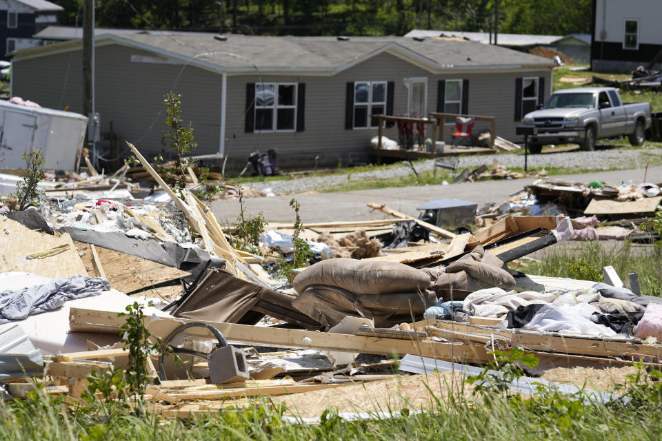 A home demolished by severe weather is seen along Barnsley Loop, Tuesday, May 28, 2024, in Madisonville, Ky. A series of powerful storms hit the central and southern U.S. over the Memorial Day holiday weekend. (AP Photo/George Walker IV)