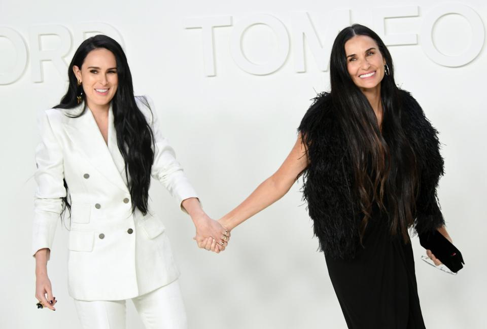 Rumer Willis (L) and Demi Moore attend the om Ford AW20 Show - Arrivals at Milk Studios on February 07, 2020 in Hollywood, California