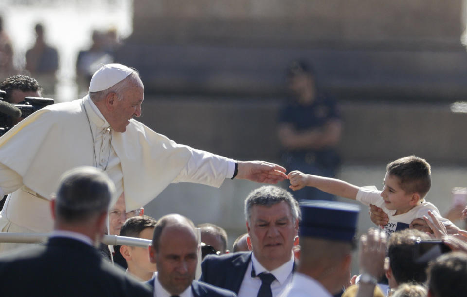 Pope Francis arrives to hold his weekly audience in St. Peter's Square, at the Vatican, Wednesday, June 19, 2019. (AP Photo/Andrew Medichini)