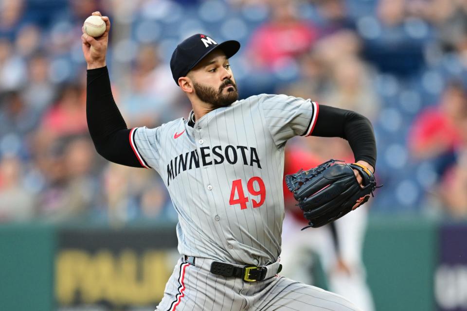 Sep 16, 2024; Cleveland, Ohio, USA; Minnesota Twins starting pitcher Pablo Lopez (49) throws a pitch during the first inning against the Cleveland Guardians at Progressive Field. Mandatory Credit: Ken Blaze-Imagn Images