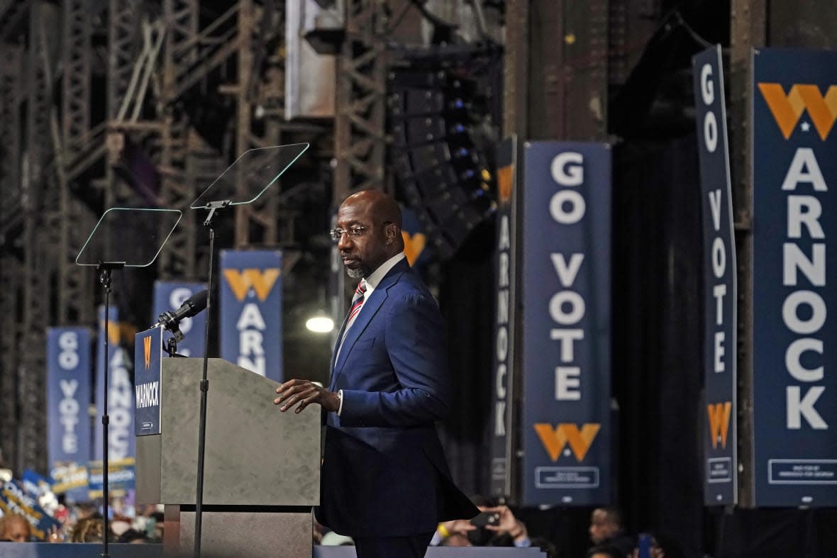 Sen. Raphael Warnock, D-Ga., speaks during a rally on Thursday, Dec. 1, 2022, in Atlanta. Warnock is running against Republican Herschel Walker in a runoff election.(AP Photo/Brynn Anderson)