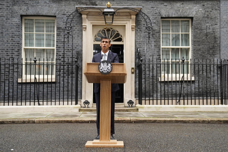 Rishi Sunak makes a speech outside 10 Downing Street, London, after meeting King Charles III and accepting his invitation to become Prime Minister and form a new government. Picture date: Tuesday October 25, 2022.