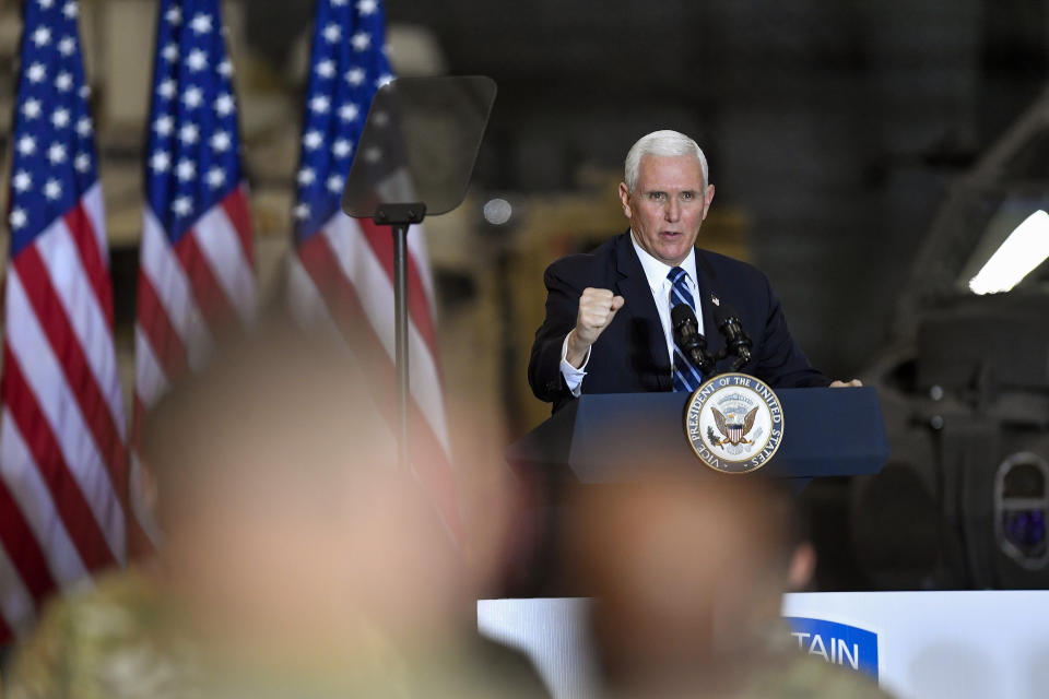 Vice President Mike Pence delivers remarks to Army 10th Mountain Division soldiers, many of whom have recently returned from Afghanistan, in Fort Drum, N.Y., Sunday, Jan. 17, 2021. (AP Photo/Adrian Kraus)