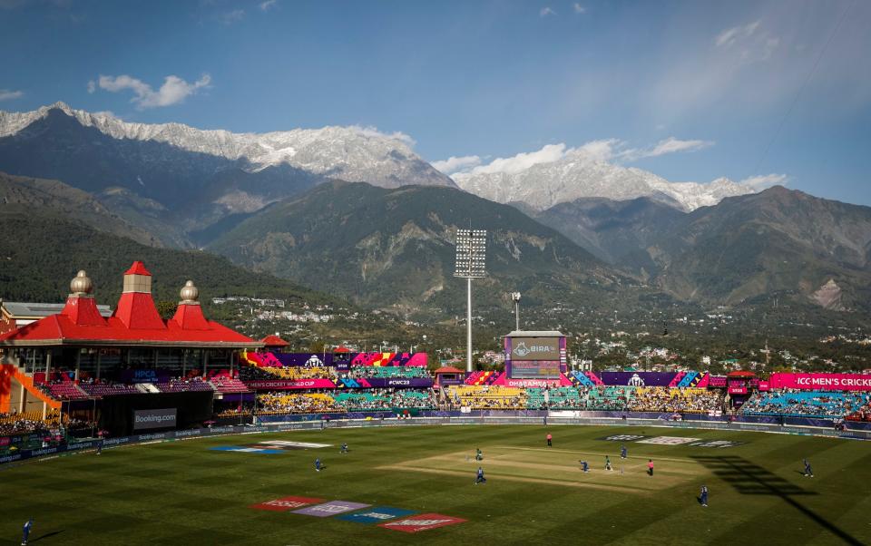 A general a view of the stadium during the 2023 Cricket World Cup match between England and Bangladesh in Dharamsala