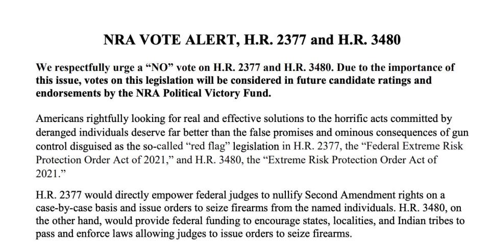 NRA talking points distributed by House GOP leadership, including a warning that candidate ratings and endorsements are at stake.