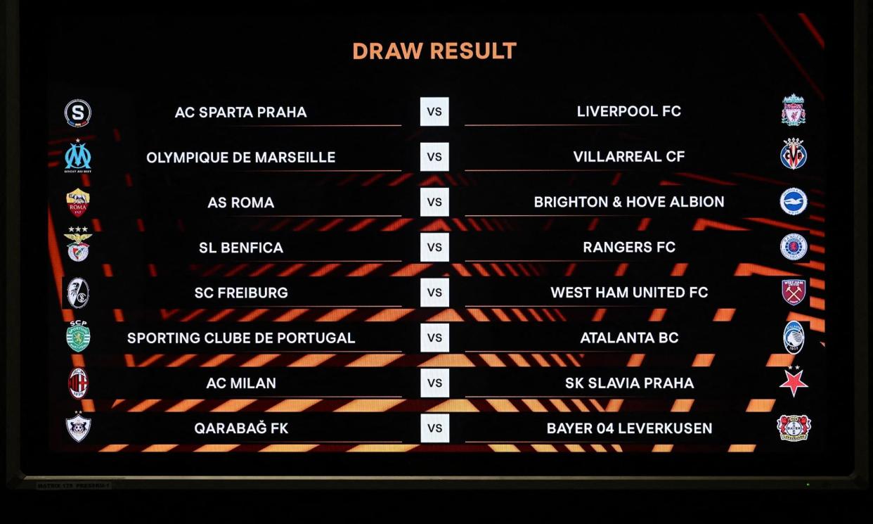 <span>A screen at Uefa headquarters shows the draw from the Europa League last 16.</span><span>Photograph: Fabrice Coffrini/AFP/Getty Images</span>