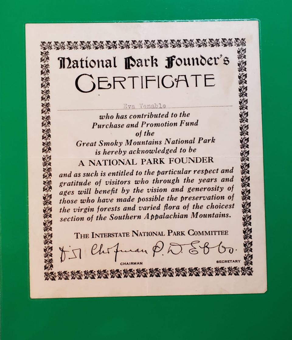 This undated certificate reflects a donation to the park fund drive by the late Eva Venable, aunt of News Sentinel columnist Sam Venable. One of the signatures on the certificate is that of David Chapman, a leader in the drive to establish the park.