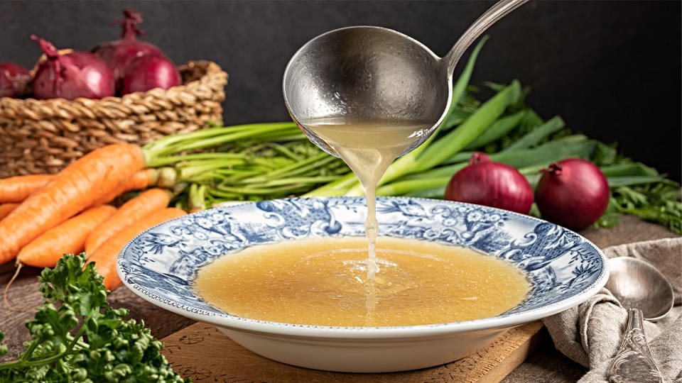 Ladling homemade bone broth into a bowl