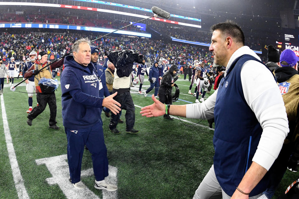 Jan 4, 2020; Foxborough, Massachusetts, USA;  New England Patriots head coach Bill Belichick shakes hands with Tennessee Titans head coach Mike Vrabel after the Patriots lost to the Titans at Gillette Stadium. Mandatory Credit: Brian Fluharty-USA TODAY Sports