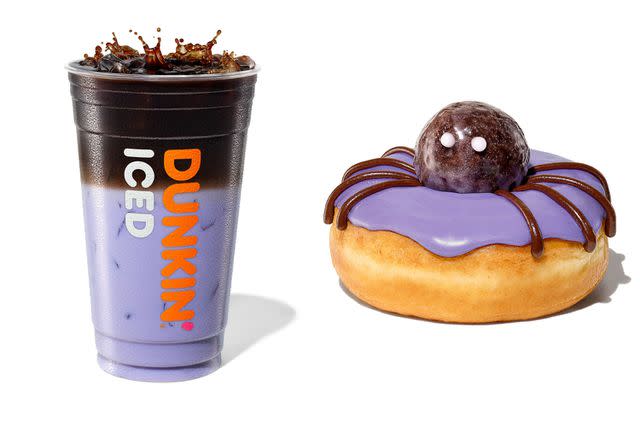 <p>Dunkin'</p> Dunkin's Potion Macchiato and spider doughnut are two of the Halloween offerings