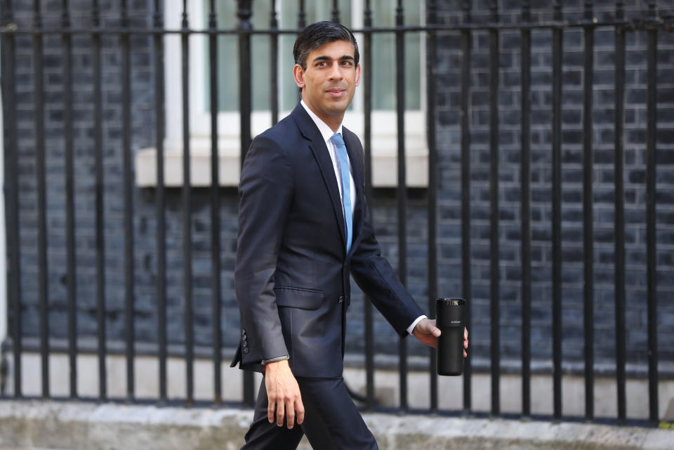 RETRANSMITTING AMENDING DATE Chancellor Rishi Sunak arrives in Downing Street, London, after the introduction of measures to bring the country out of lockdown.