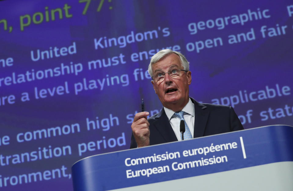 European Union chief Brexit negotiator Michel Barnier speaks during a media conference after Brexit trade talks between the EU and the UK, in Brussels, Friday, Aug. 21, 2020. (Yves Herman, Pool Photo via AP)