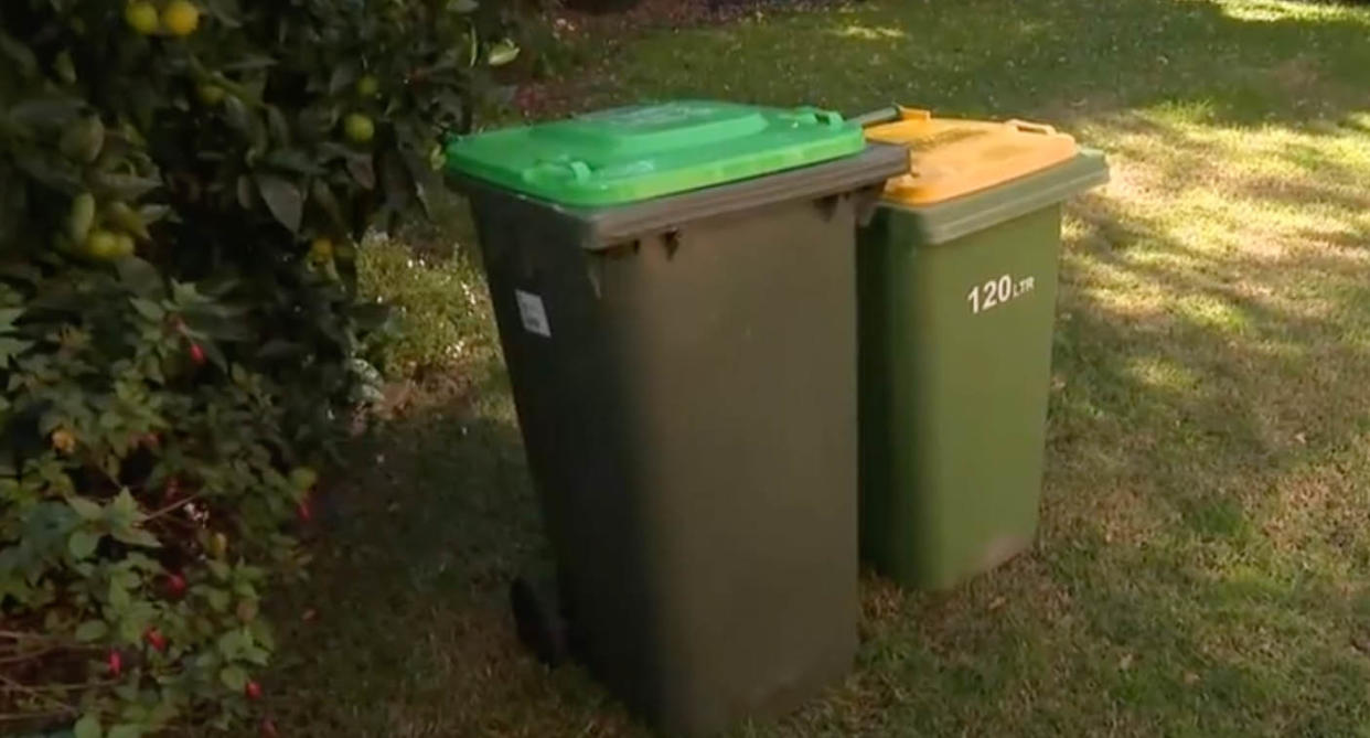 Green lid and yellow lid household bin. 