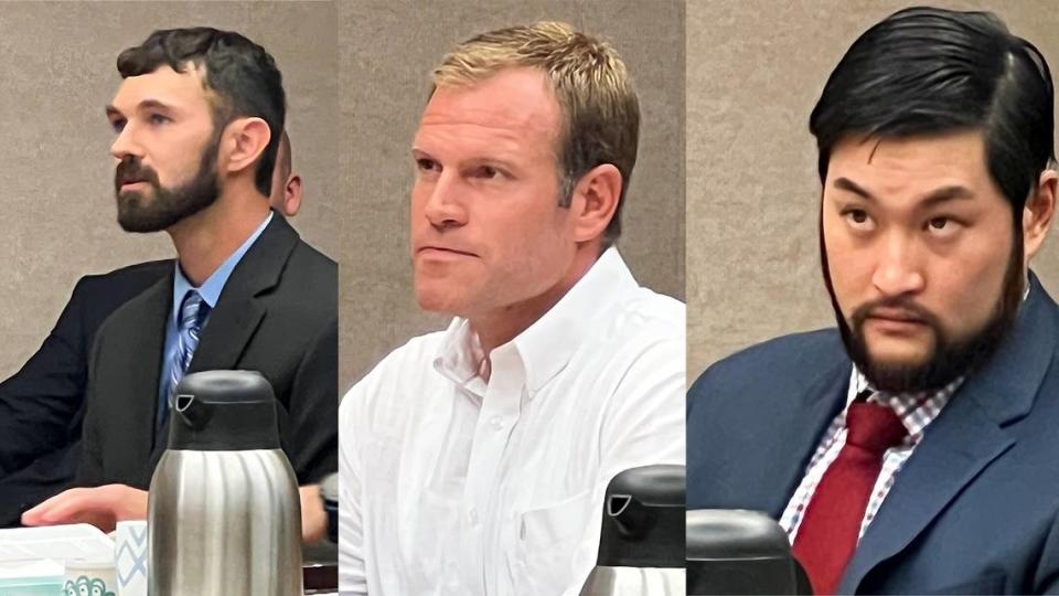 The three Tacoma police officers charged in the killing of Manuel Ellis – Christopher Burbank, Matthew Collins and Timothy Rankine (left to right) – appeared in Pierce County Superior Court for an early October hearing.