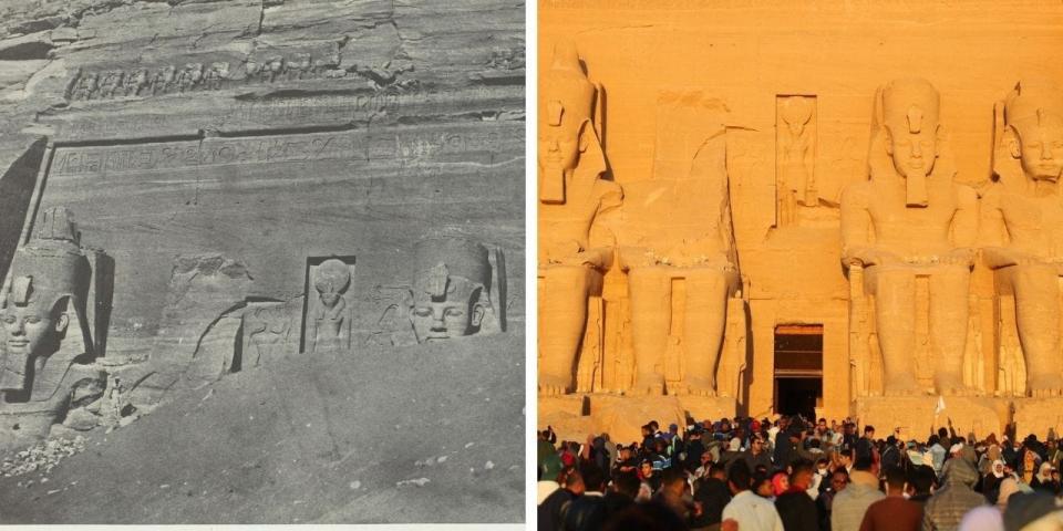 A side to side comparison of the Great Temple of Abu Simbel, Aswan, Egypt before and after excavation.