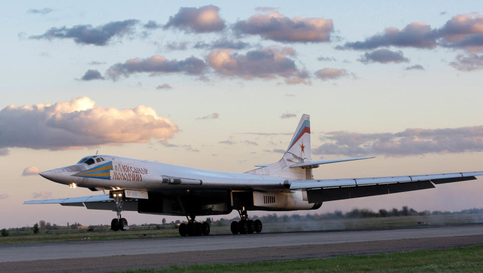 FILE - In this file photo taken on Friday, Sept. 12, 2008, Russia's strategic bomber Tu-160 or White Swan, the largest supersonic bomber in the world, lands at Engels Air Base near Saratov, about 700 kilometers (450 miles) southeast of Moscow, Russia. The Russian military says two of its nuclear-capable strategic bombers have arrived in Venezuela, a deployment that comes amid soaring Russia-U.S. tensions. (AP Photo/Misha Japaridze, File)