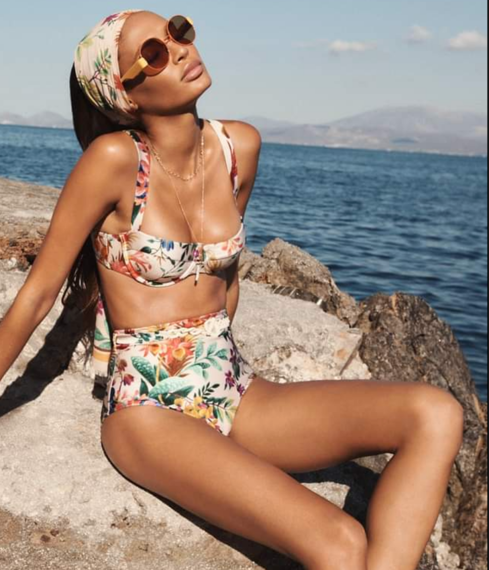 Model wearing the Zimmerman Tropical Balconette bikini from David Jones