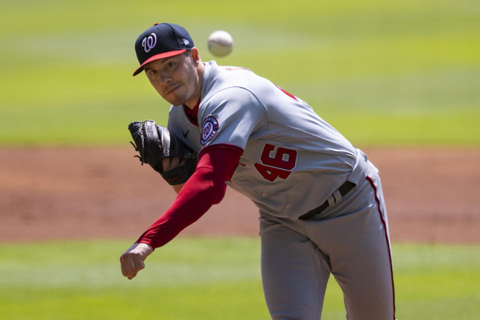 Washington Nationals' Patrick Corbin pitches against the Atlanta Braves during the first inning of a baseball game Sunday, Sept. 6, 2020, in Atlanta. (AP Photo/John Amis)