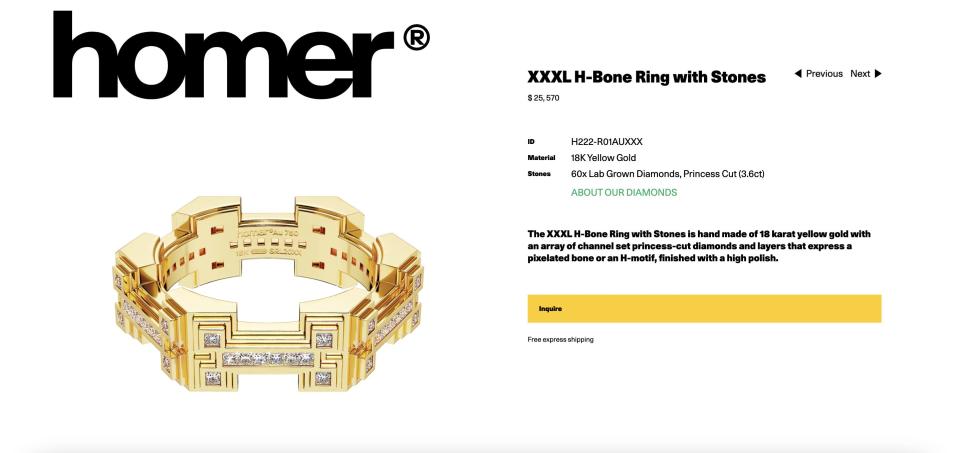 A screenshot of Frank Ocean's "XXXL H-Bone Ring with Stones" on the Homer website