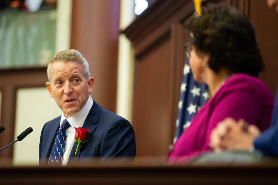 House Speaker Paul Renner, R-Palm Coast, and Senate President Kathleen Passidomo, R-Naples, on the January 9 opening day of the legislative session.