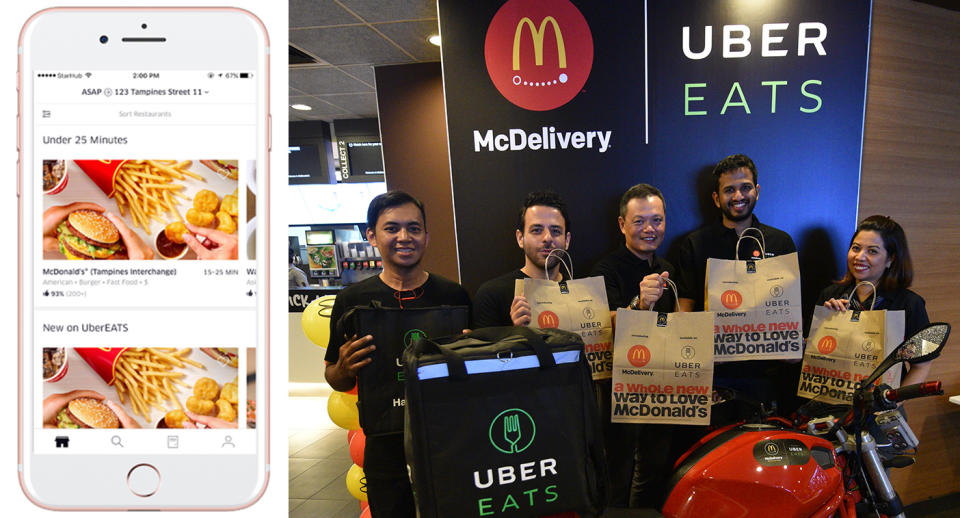 (From left) UberEATS Delivery Partner Sazali Mohamed Sari,UberEATS Singapore Key Accounts and Sales Lead Rico Figueiredo, Managing Director of McDonald’s Singapore Kenneth Chan, UberEATS General Manager for Singapore and Malaysia Shri Chakravarthy Gopalakrishnan, and Restaurant General Manager of McDonald’s SpringLeaf Tower Restaurant Nimfa Zabaceda. (Photo: UberEATS/McDonald’s Singapore)