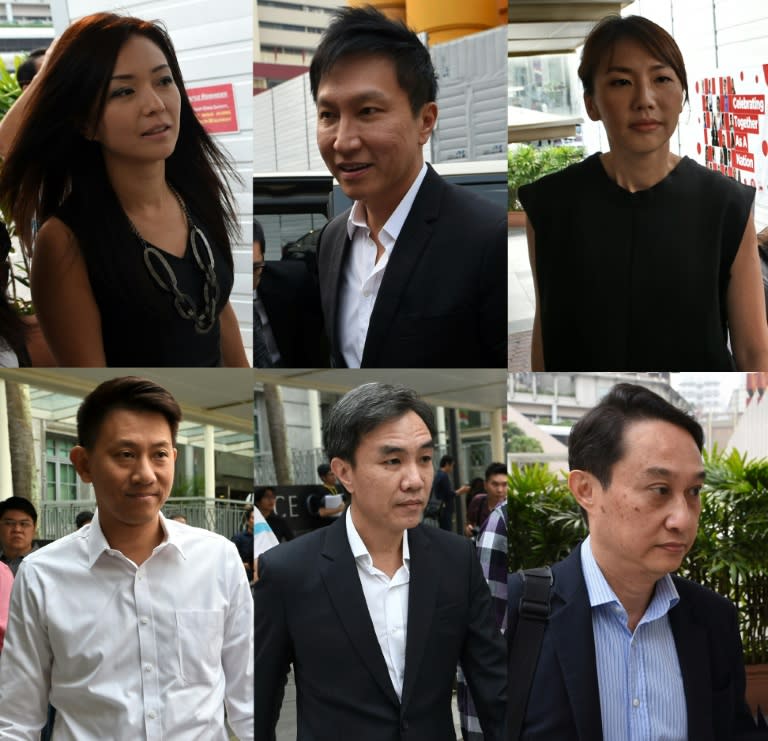 Six City Harvest Church (CHC) leaders: the founder Kong Hee (top C), Serina Wee, former finance manager (top L), Sharon Tan (top R), Tan Ye Peng (bottom L), John Lam (bottom C), and Chew Eng Han (bottom R)