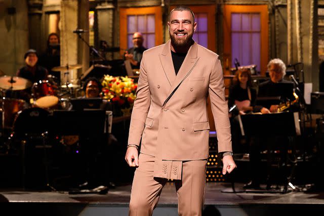 <p>Will Heath/NBC via Getty Images</p> Travis Kelce hosts "Saturday Night Live" on March 4, 2023