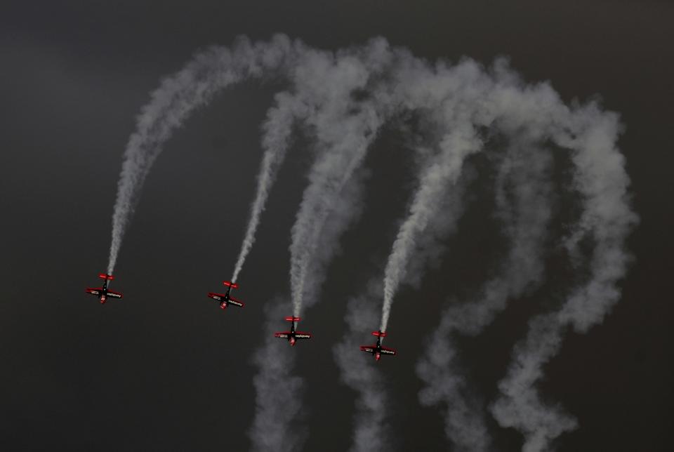 The Blades aerobatic team from Britain perform during the opening day of the Dubai Airshow, in Dubai, United Arab Emirates, Sunday, Nov. 17, 2019. (AP Photo/Kamran Jebreili)