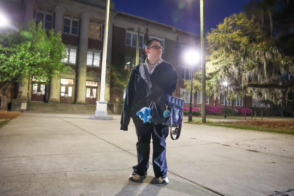 Marshall Shane stands outside of Savannah Arts Academy after taking a Chatham Area Transit bus and making the long walk along Washington Avenue from Abercorn Street on Thursday, March 21, 2024.