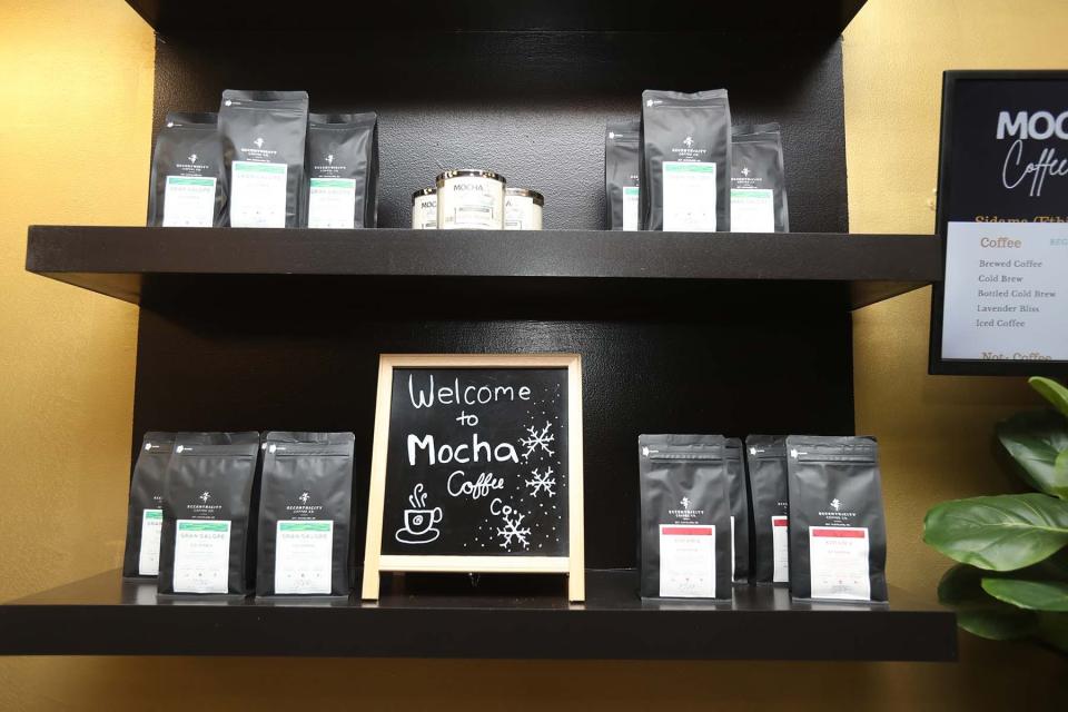 Coffee products for sale at the Mocha Coffee Co., owned by Brittany and Dre Wiley, in Macedonia.