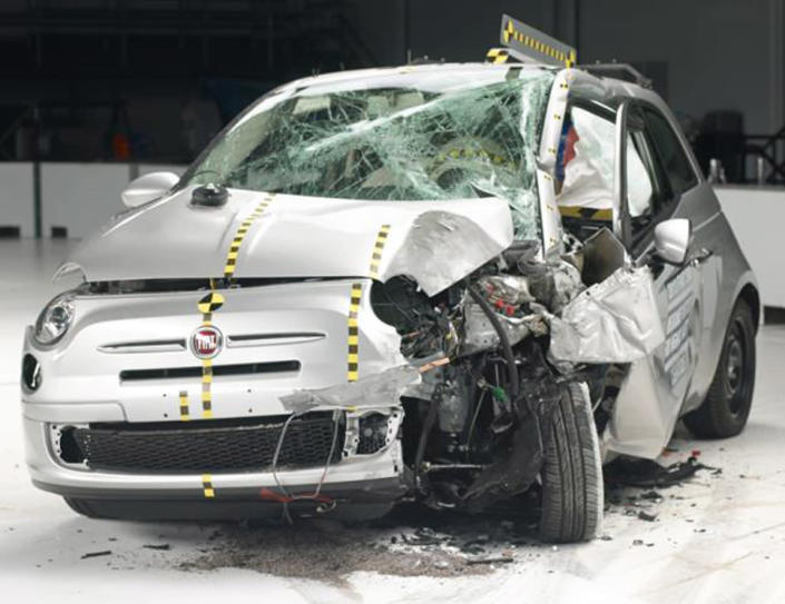 This undated photo provided by the Insurance Institute for Highway Safety shows he Fiat 500 during a crash test. The agency says the Fiat 500 and the Honda Fit were the worst performers of the 12 minicars tested in terms of potential injury to drivers. (AP Photo/Insurance Institute for Highway Safety)