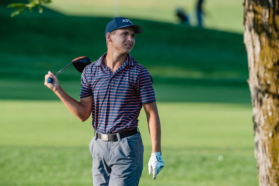 Carter Wells reacts to his first drive during the First National Bank Junior Golf Tour, Thursday, July 21 at Wilkshire Golf Course in Bolivar.