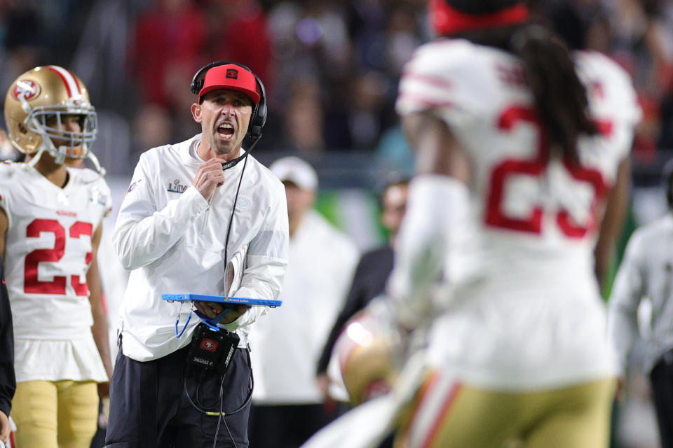 49ers coach Kyle Shanahan talked about his two Super Bowl losses. (Photo by Maddie Meyer/Getty Images)